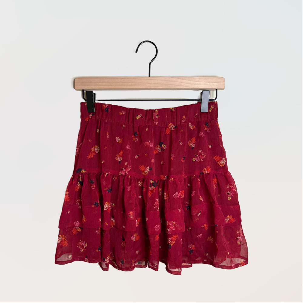 Free People From the Valley Red Floral Tiered Mini Skirt Sz XS